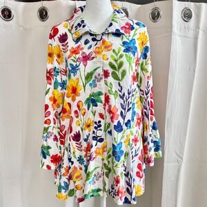 Ali Miles Floral Button Up Tunic Top Oversized Large Colorful Flare Sleeve 19910